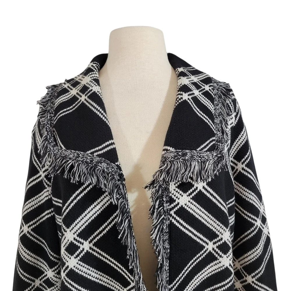 Chico's Black & White Diamond Plaid Fringe Sweater Jacket